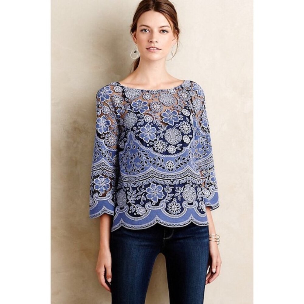 Anthropologie HD‎ in Paris Montmartre Lace Blouse Blue Size 6